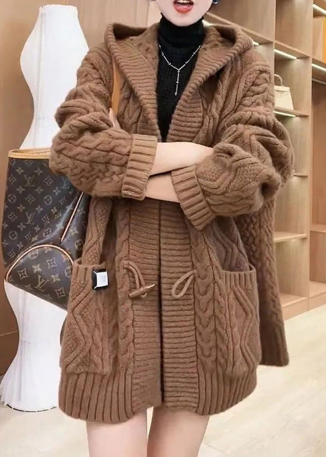 Chocolate Colour Button Cable Knit Sweaters Coats Fall