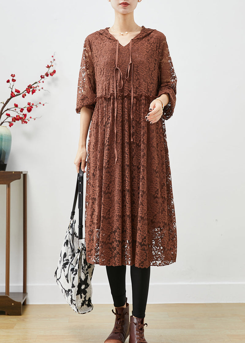 Coffee Hooded Ruffled Lace Dresses Fall