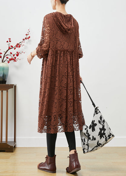 Coffee Hooded Ruffled Lace Dresses Fall