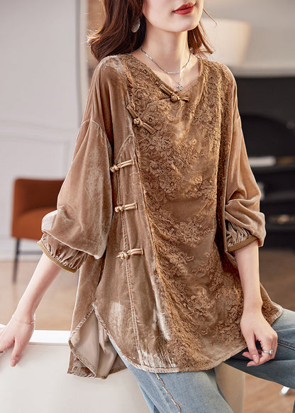 Elegant Coffee Lace Patchwork Side Open Silk Velour Shirt Spring