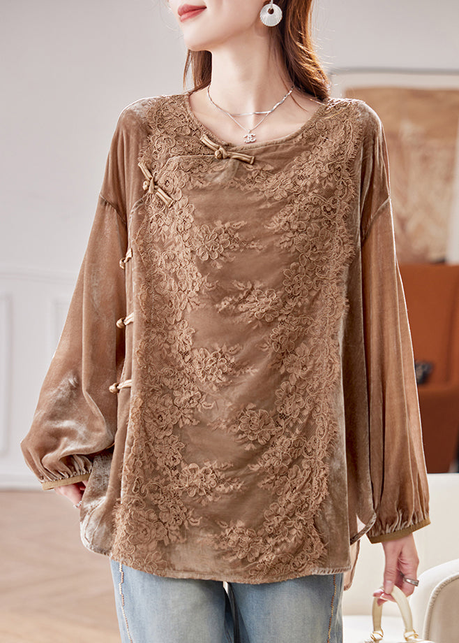 Elegant Coffee Lace Patchwork Side Open Silk Velour Shirt Spring