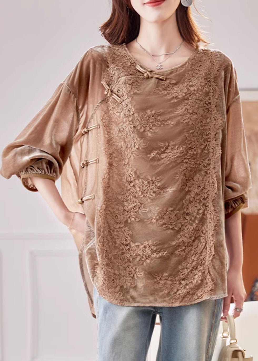 Elegant Coffee Lace Patchwork Side Open Silk Velour Shirt Spring