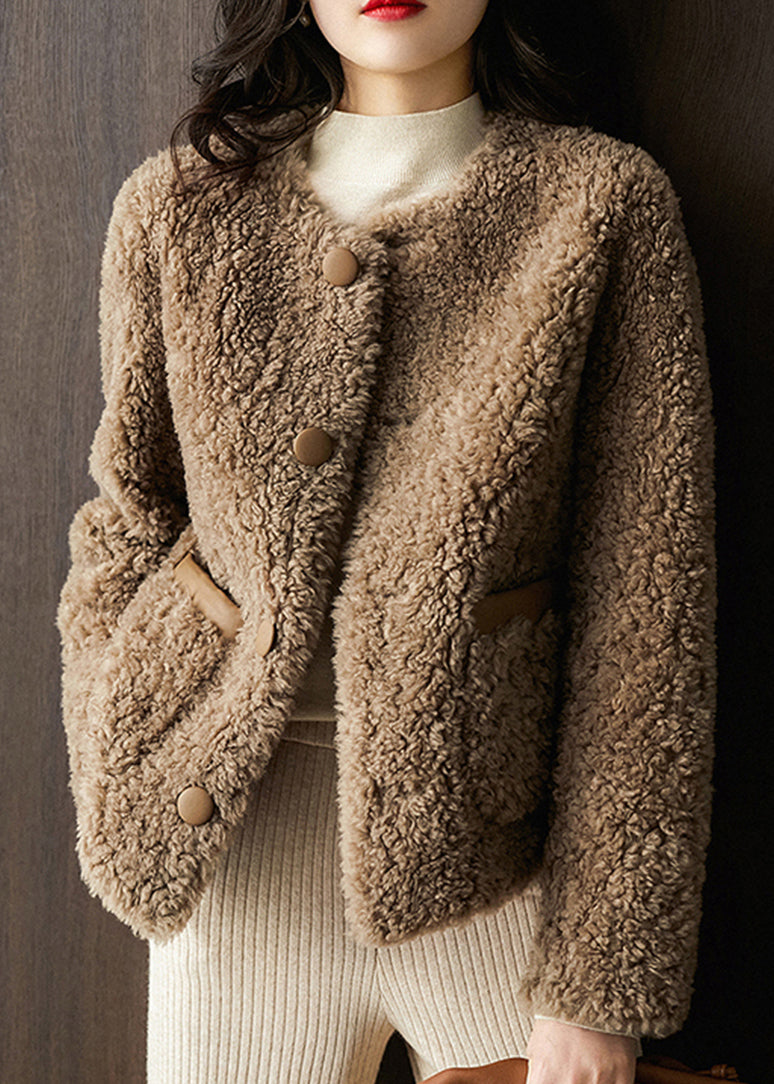 Chocolate O-neck Button Faux Fur Coats Fall