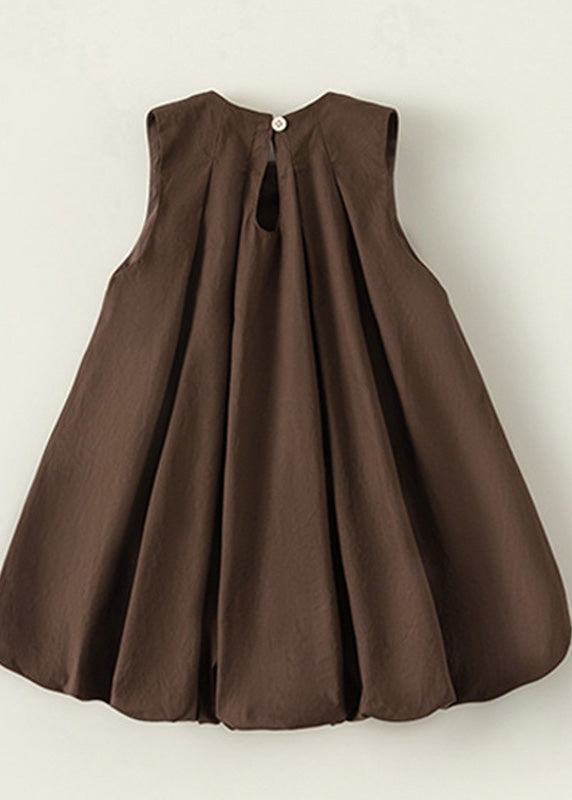 Coffee O-neck Patchwork Wrinkled Cotton Kids Maxi Dresses Sleeveless