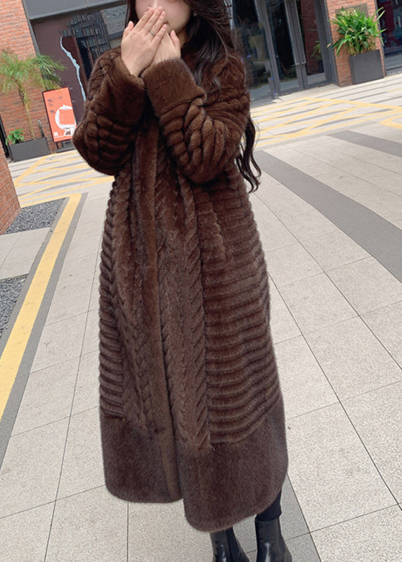 Coffee O-neck Pockets Print Leather and Fur Long Coats Spring