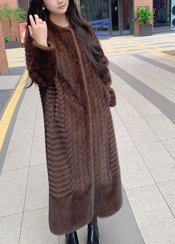 Coffee O-neck Pockets Print Leather and Fur Long Coats Spring