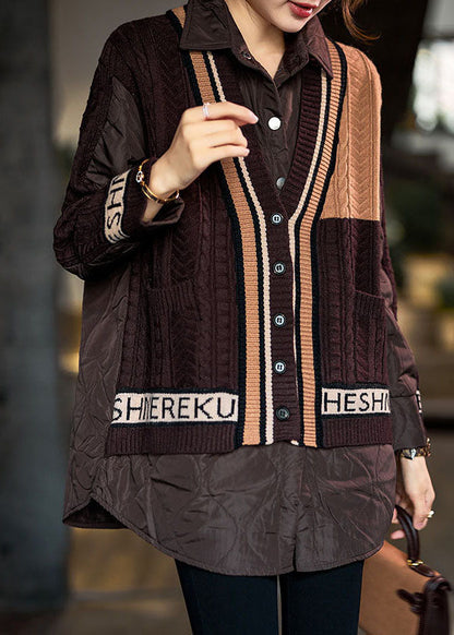 Chocolate Peter Pan Collar Knit Patchwork Fine Cotton Filled Shirt Top Winter