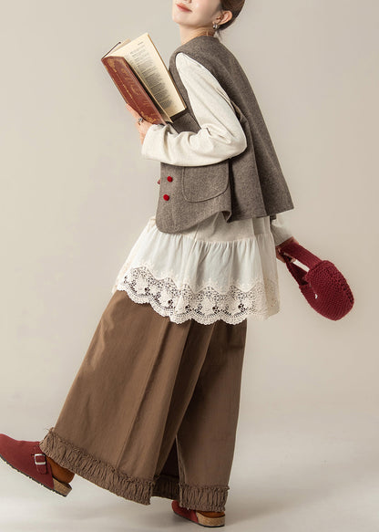 Coffee Pockets Woolen Waistcoat and Ruffled Pants Hollow Out T Shirt Cotton Three Pieces Set Spring