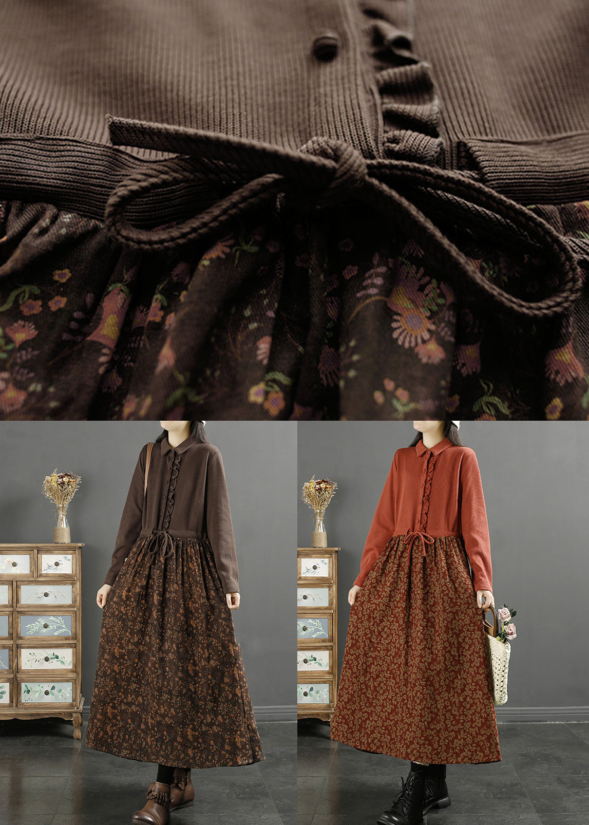Coffee Ruffled Print Knit Patchwork Long Dress Long Sleeve