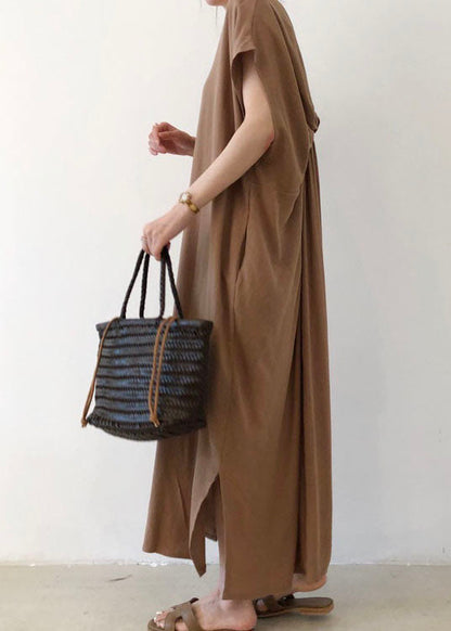 Chocolate Side Open Cotton Short Sleeve Long Dresses