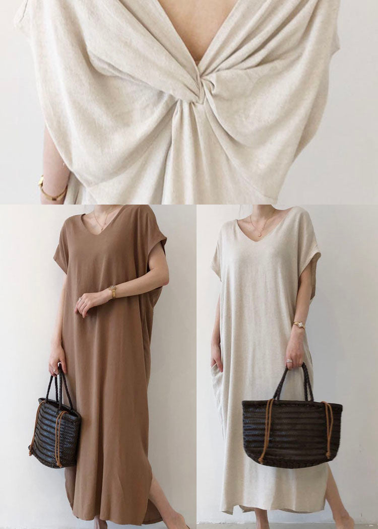 Chocolate Side Open Cotton Short Sleeve Long Dresses
