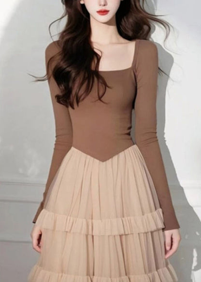 Coffee Square Collar Tulle Patchwork Long Cake Dress Spring