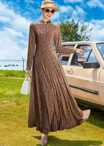 Chocolate Stand Collar Exra Large Hem a Line Dress Spring