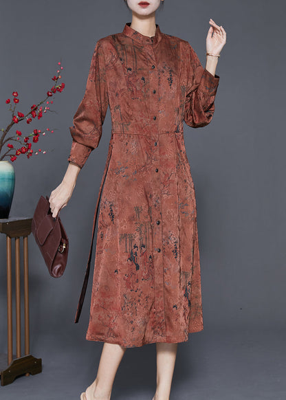 Coffee Stand Collar Print Tie Waist Silk Holiday Dress Spring