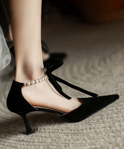 Coffee Suede High Heels Splicing Beading Bow