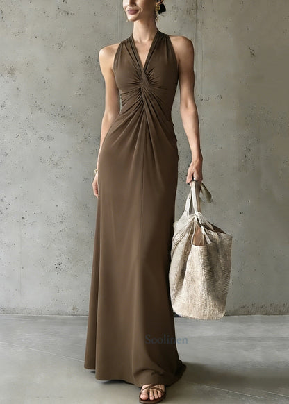 Coffee V Neck Cold Shoulder Wrinkled Long Dress Summer