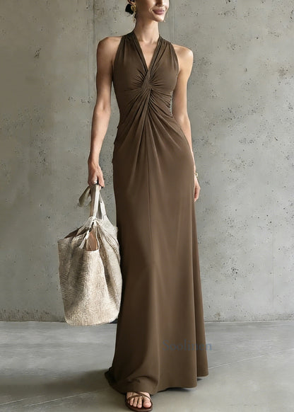 Coffee V Neck Cold Shoulder Wrinkled Long Dress Summer