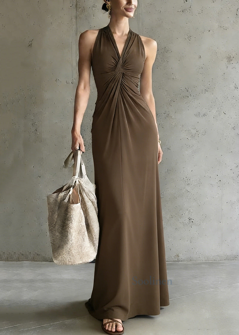 Coffee V Neck Cold Shoulder Wrinkled Long Dress Summer