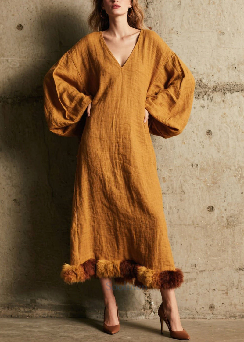 Coffee V Neck Patchwork Faux Fur Dress Lantern Sleeve