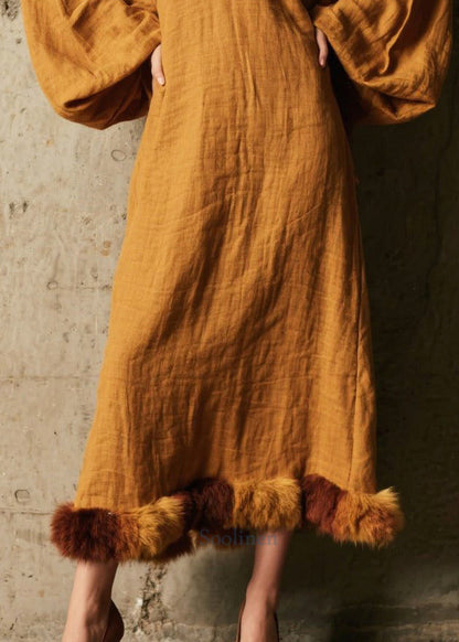 Coffee V Neck Patchwork Faux Fur Dress Lantern Sleeve