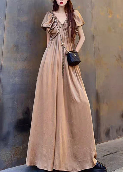 Coffee V Neck Wrinkled Patchwork Cotton Long Dresses Summer