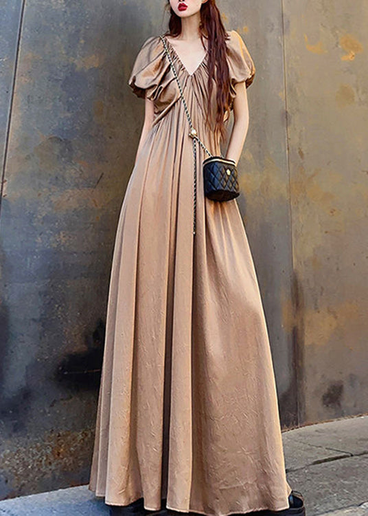 Coffee V Neck Wrinkled Patchwork Cotton Long Dresses Summer