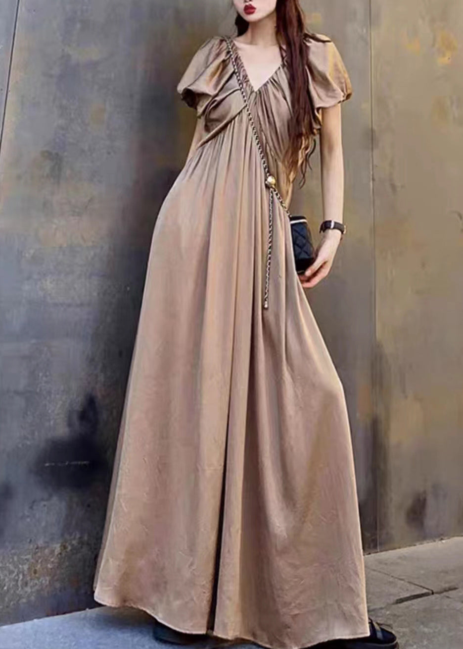 Coffee V Neck Wrinkled Patchwork Cotton Long Dresses Summer