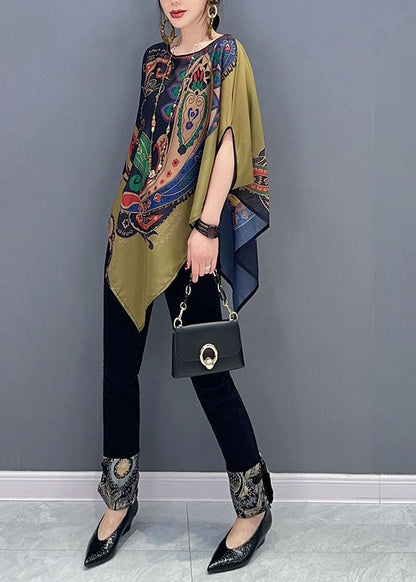 Colorblock Asymmetrical Print Chiffon Top Batwing Sleeve