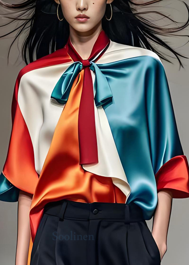 Colorblock Bow Silk Shirts Tops Half Sleeve