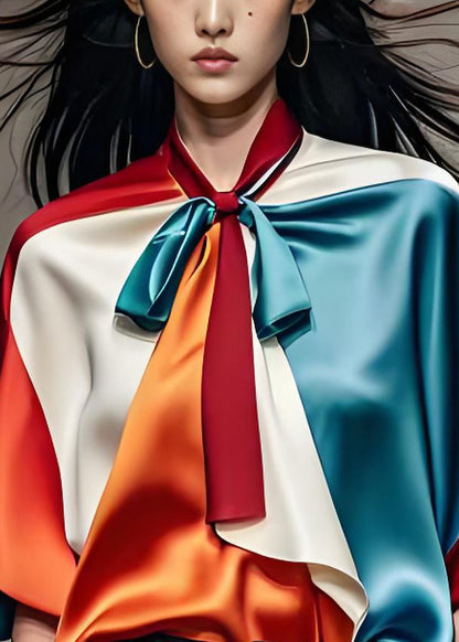 Colorblock Bow Silk Shirts Tops Half Sleeve