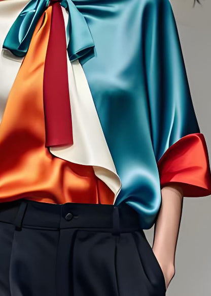 Colorblock Bow Silk Shirts Tops Half Sleeve