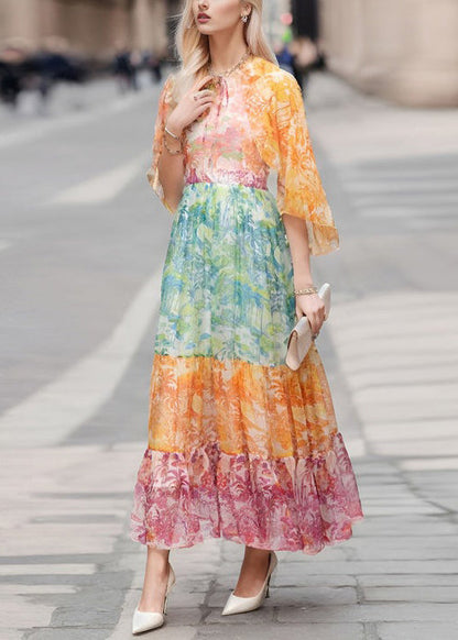 Colorblock Lace Up Print Chiffon Long Dresses Half Sleeve