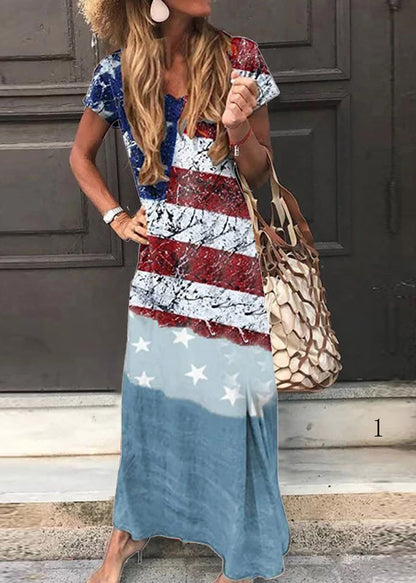 Colorblock O-neck National Flag Print Cotton Beach Dresses Short Sleeve