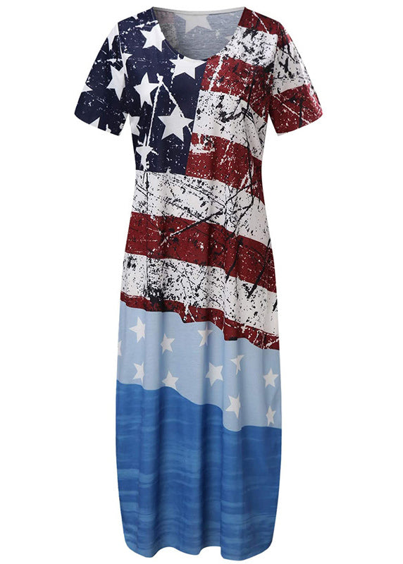 Colorblock O-neck National Flag Print Cotton Beach Dresses Short Sleeve