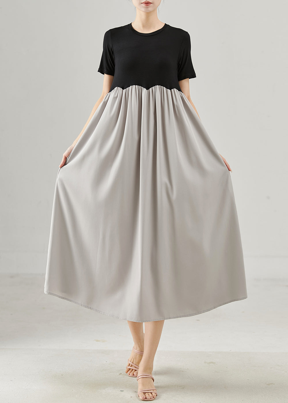 Colorblock O-neck Patchwork Cotton a Line Dresses Summer
