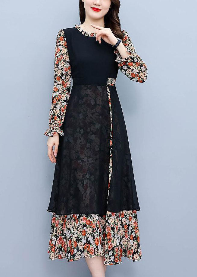 Colorblock O-neck Patchwork Print Chiffon Dresses Fall