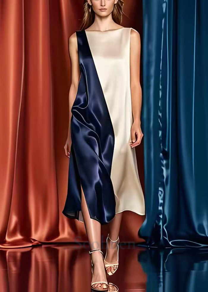 Colorblock Oversized Patchwork Side Open Silk Long Dresses Summer
