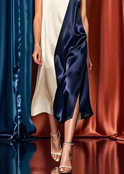 Colorblock Oversized Patchwork Side Open Silk Long Dresses Summer