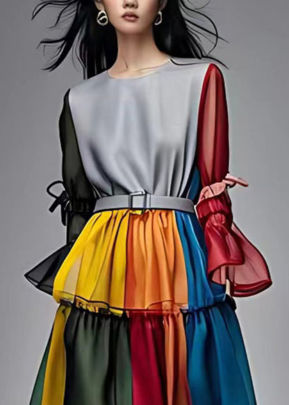 Colorblock Ruffled Patchwork Sashes Chiffon Maxi Dresses Fall