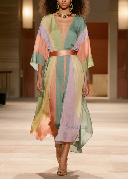 Colorblock Striped Draping Silk Cotton Tunic Dresses Summer