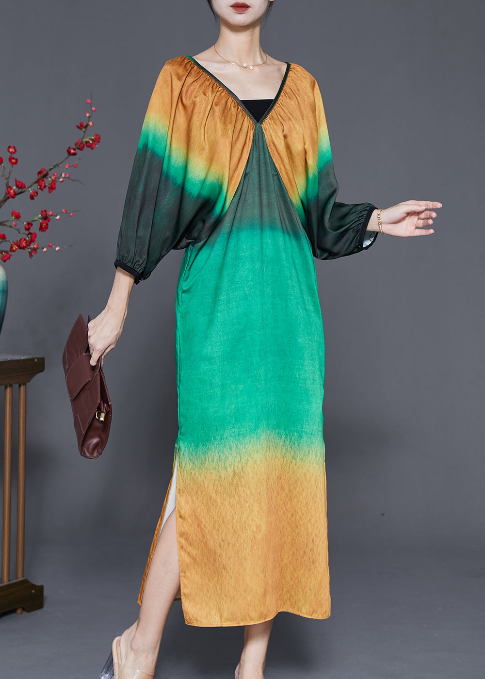 Colorblock Tie Dye Side Open Chiffon Maxi Dresses Spring