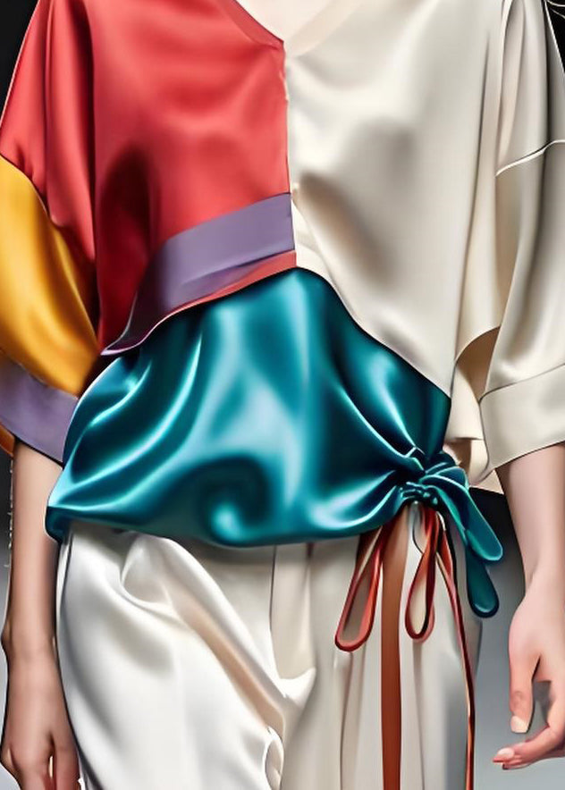 Colorblock V Neck Cinched Patchwork Silk Top Summer