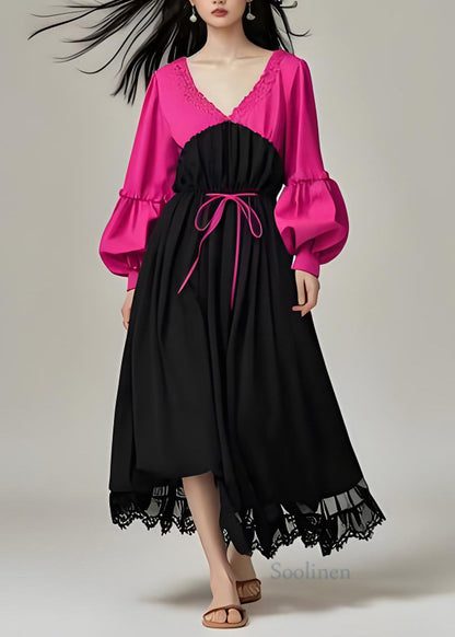 Colorblock V Neck Patchwork Cotton Dress Lantern Sleeve