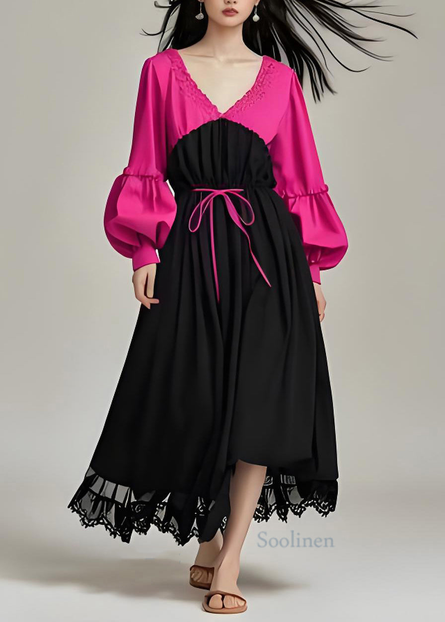 Colorblock V Neck Patchwork Cotton Dress Lantern Sleeve