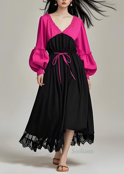 Colorblock V Neck Patchwork Cotton Dress Lantern Sleeve