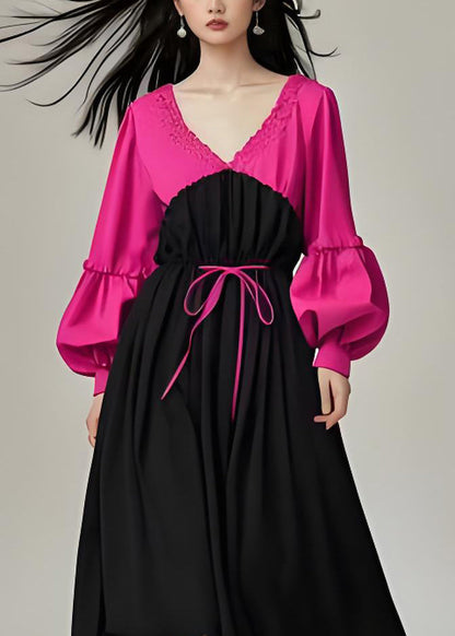 Colorblock V Neck Patchwork Cotton Dress Lantern Sleeve