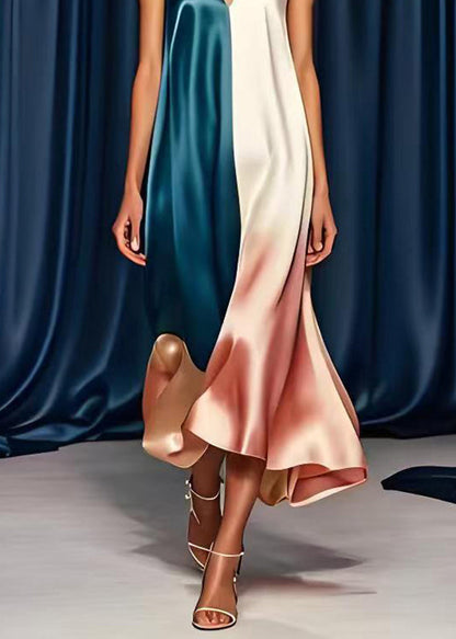 Colorblock V Neck Patchwork Silk Tea Dress Summer