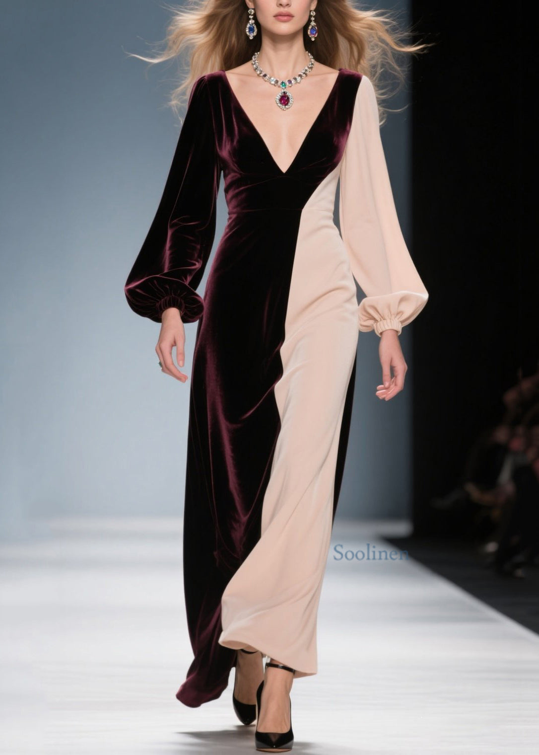 Colorblock V Neck Patchwork Velvet Long Dress Spring