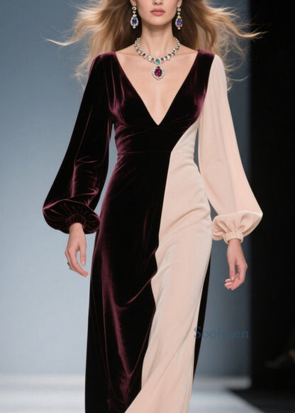 Colorblock V Neck Patchwork Velvet Long Dress Spring