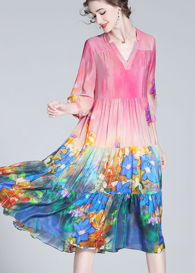 Colorblock V Neck Print Wrinkled Silk Dresses Bracelet Sleeve
